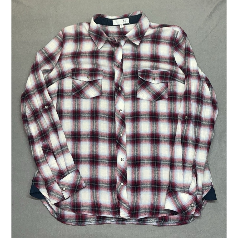 Kut from the Kloth Top Womens Sm Plaid Long Sleeve Snap Buttons